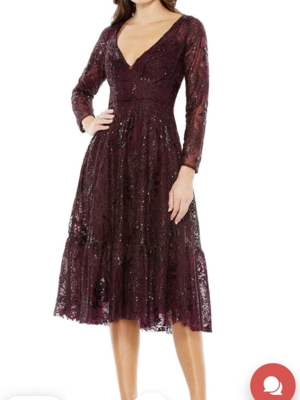 EUC Mac Duggal Deep Burgundy V-Neck Lace Midi Dress